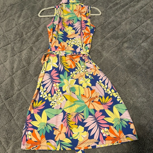 J. McLaughlin Medium Sleeveless Dolly Dress Blue/Multi Hibiscus Frond - Picture 6 of 6